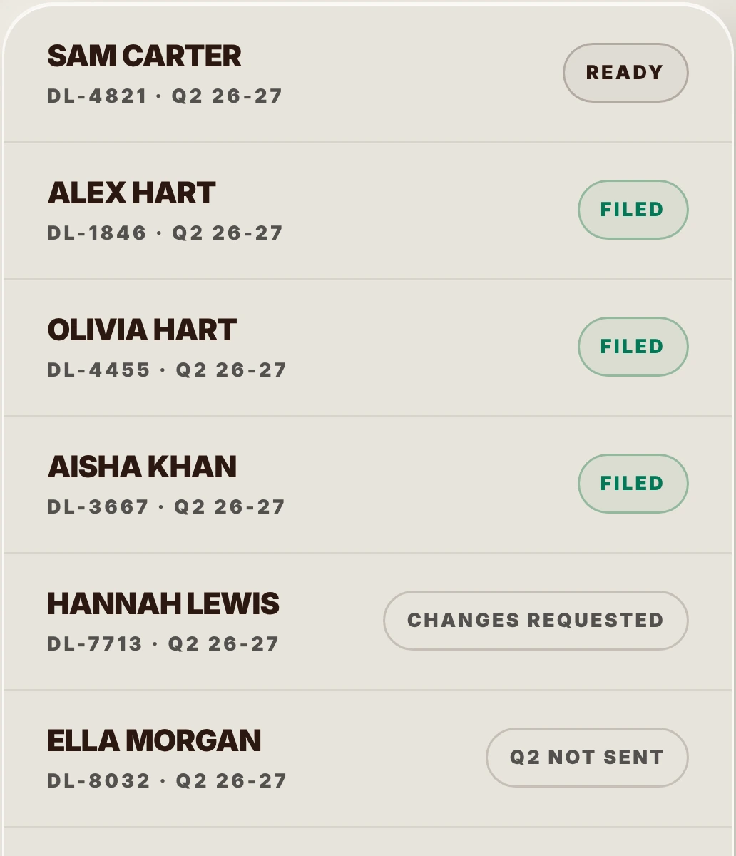 The Clients page in DoneTax+ on a phone: each client's name, reference, quarter and status